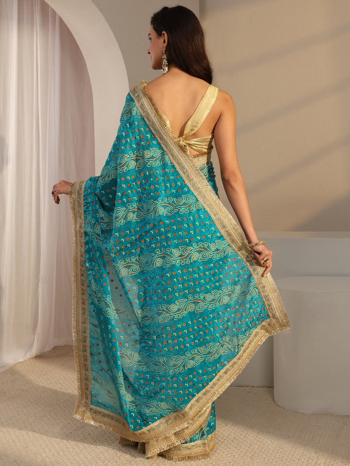Blue Bandhani Printed Tissue Saree With Unstitched Blouse Piece