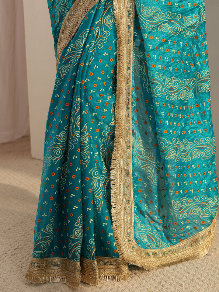 Blue Bandhani Printed Tissue Saree With Unstitched Blouse Piece