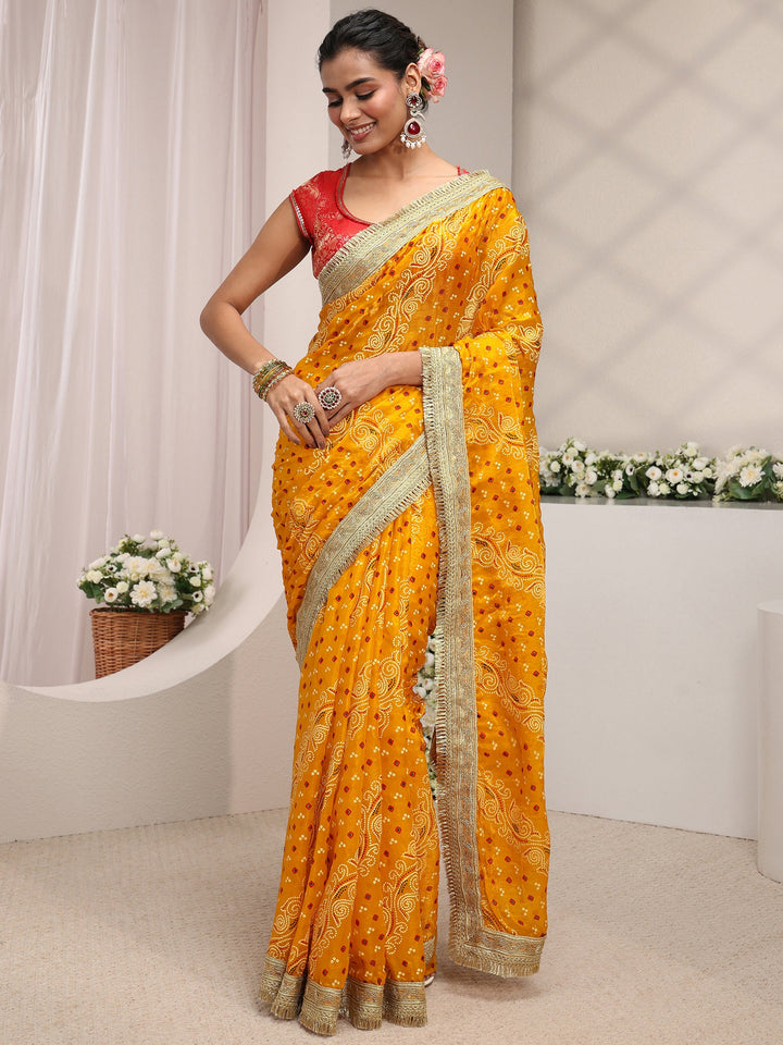 Mustard Bandhani Printed Tissue Saree