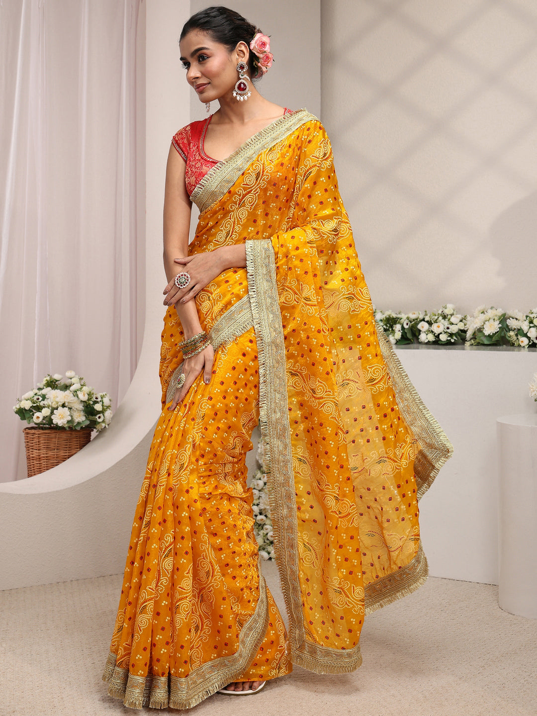 Mustard Bandhani Printed Tissue Saree