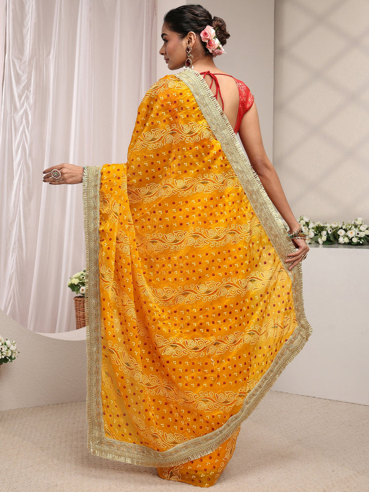 Mustard Bandhani Printed Tissue Saree