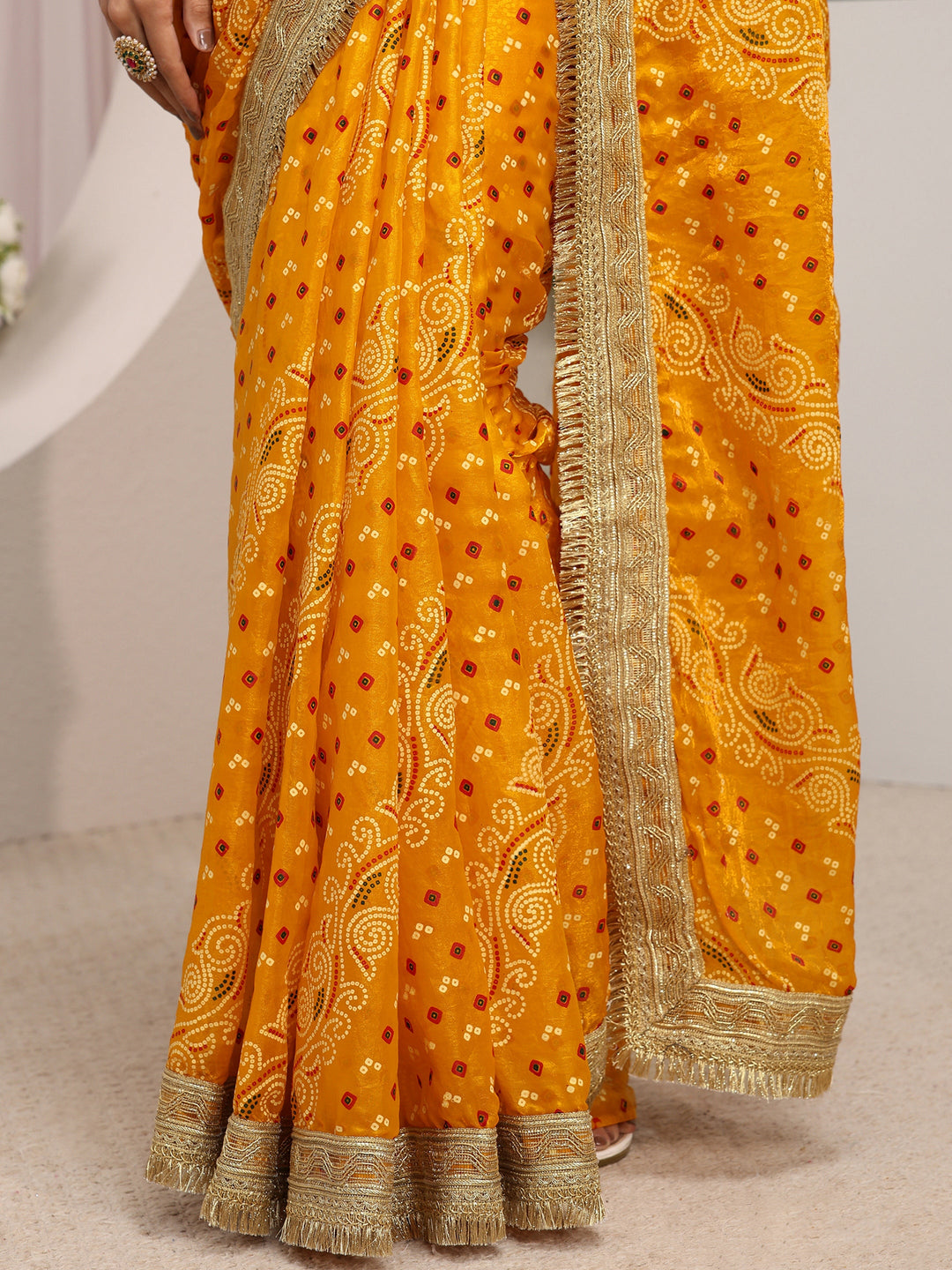 Mustard Bandhani Printed Tissue Saree