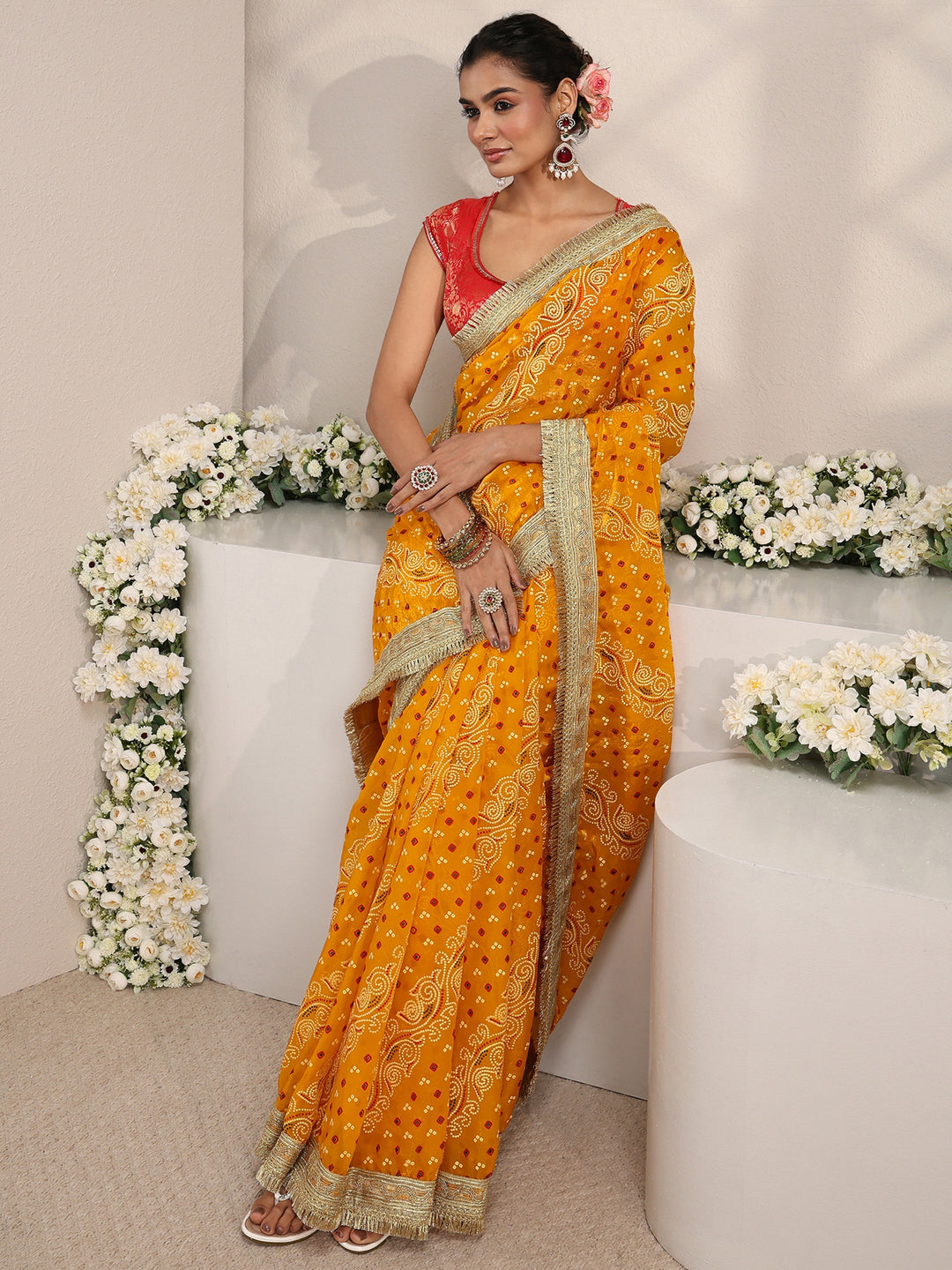 Mustard Bandhani Printed Tissue Saree