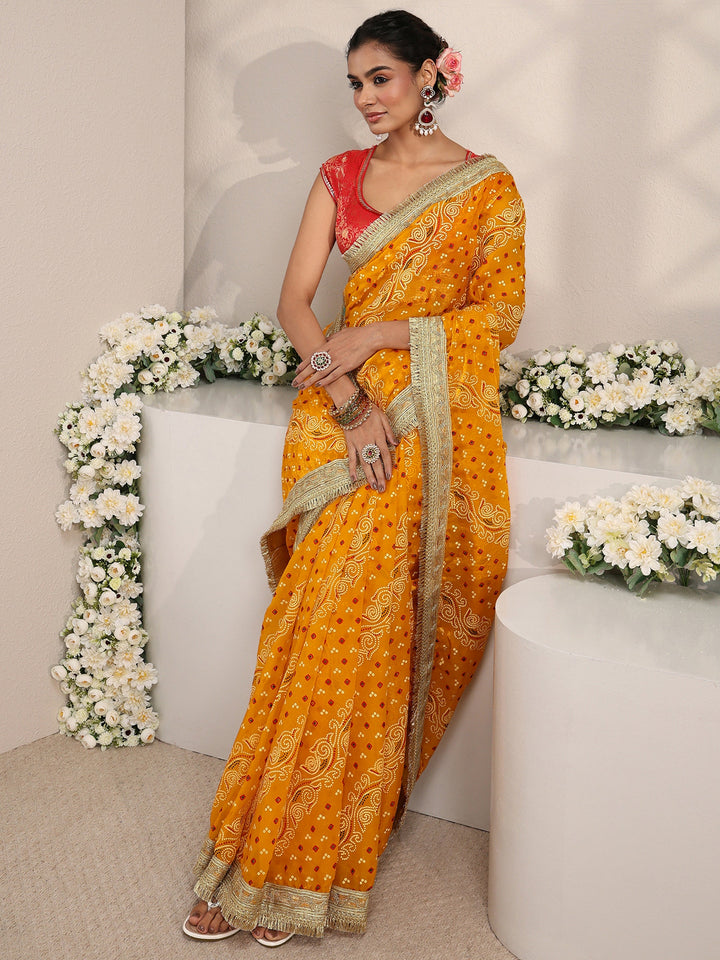 Mustard Bandhani Printed Tissue Saree