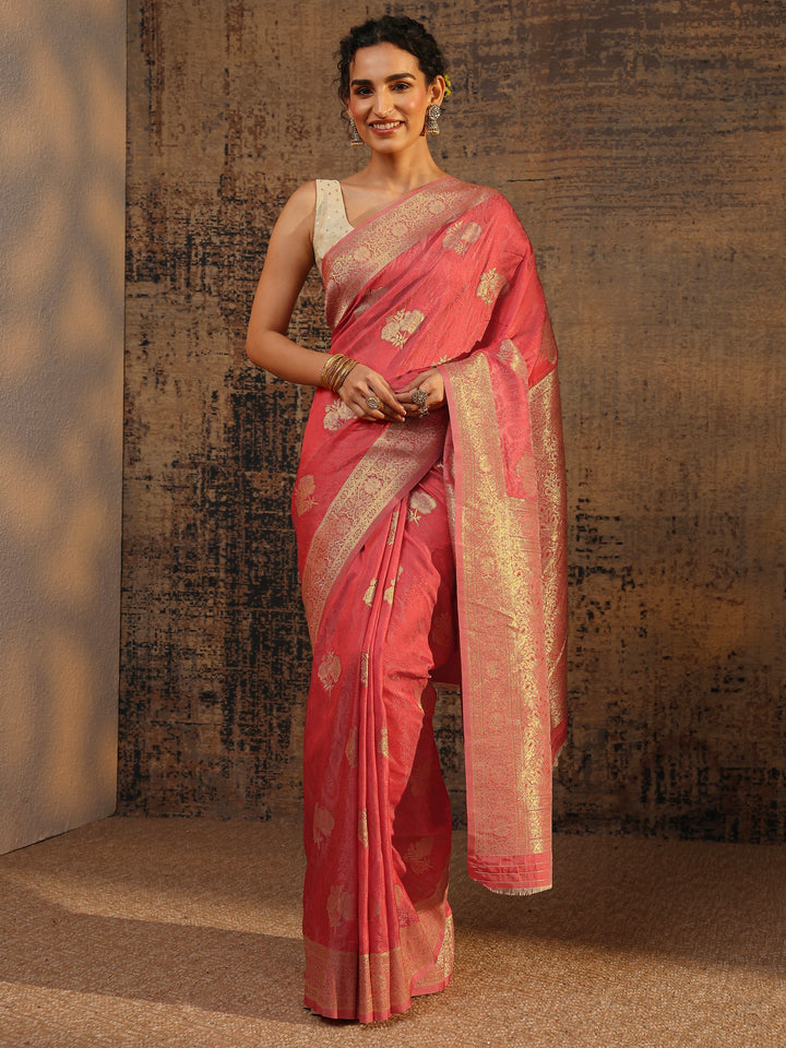 Coral Floral Woven Design Silk Blend Saree With Unstitched Blouse Piece
