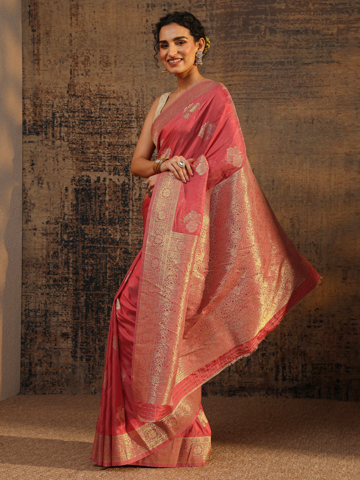 Coral Floral Woven Design Silk Blend Saree With Unstitched Blouse Piece