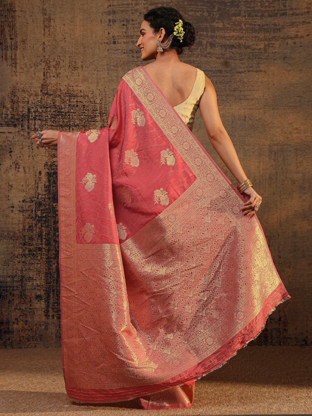 Coral Floral Woven Design Silk Blend Saree With Unstitched Blouse Piece