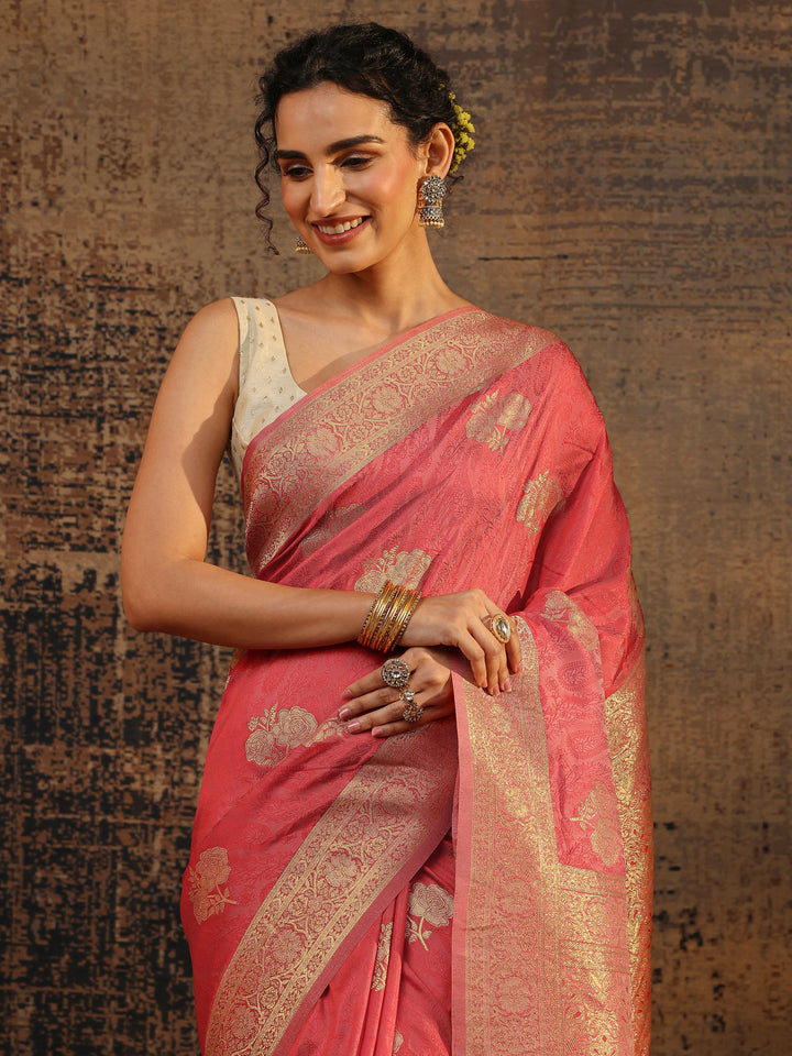 Coral Floral Woven Design Silk Blend Saree With Unstitched Blouse Piece