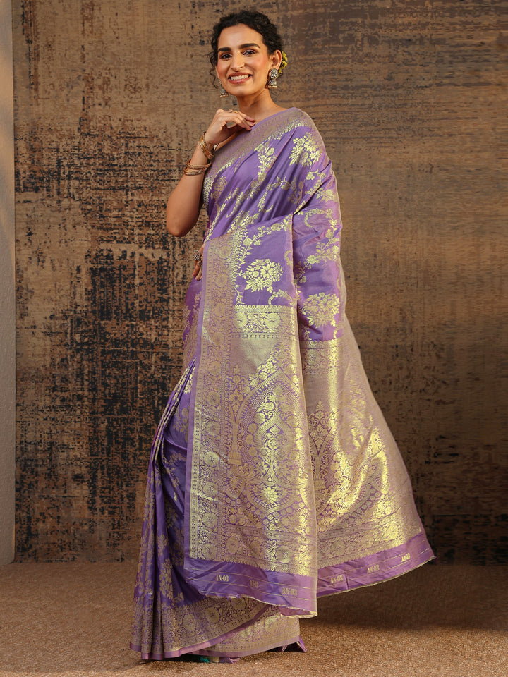 Purple Floral Woven Design Silk Blend Saree With Unstitched Blouse Piece