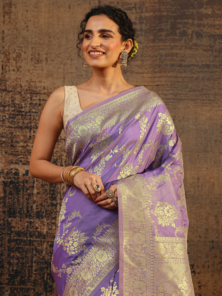 Purple Floral Woven Design Silk Blend Saree With Unstitched Blouse Piece