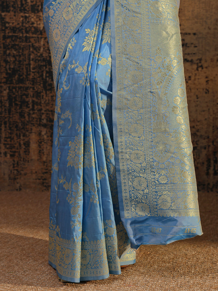 Blue Floral Woven Design Silk Blend Saree With Unstitched Blouse Piece