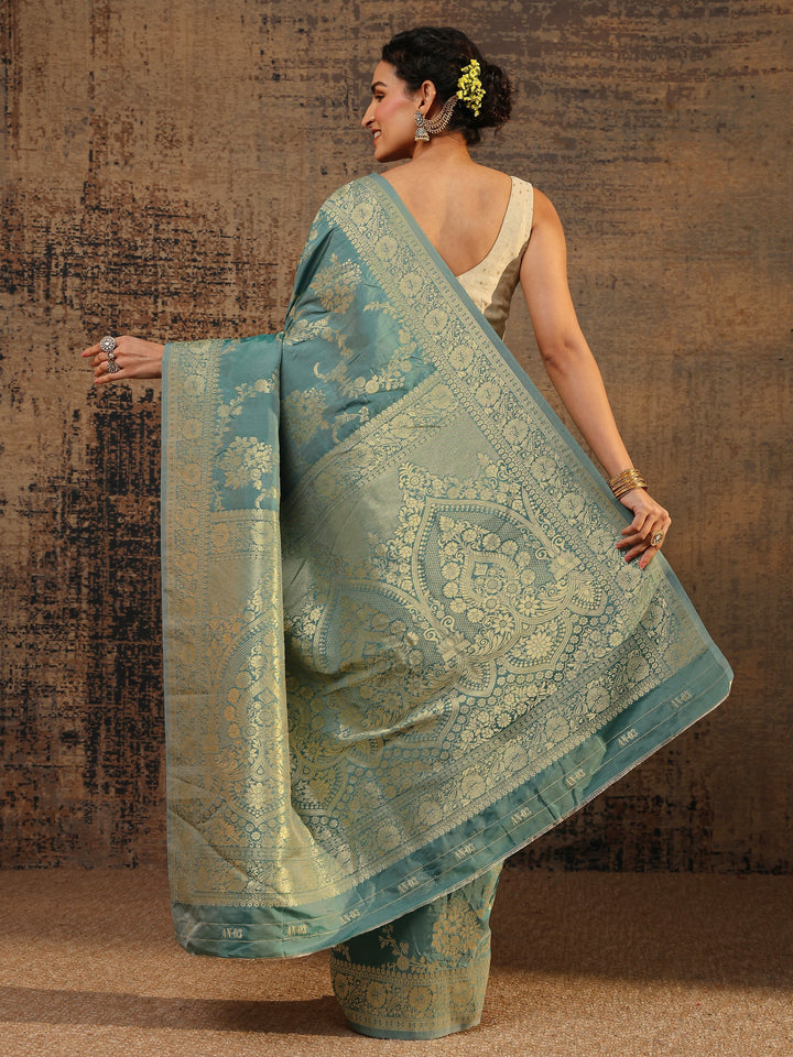 Green Floral Woven Design Silk Blend Saree With Unstitched Blouse Piece