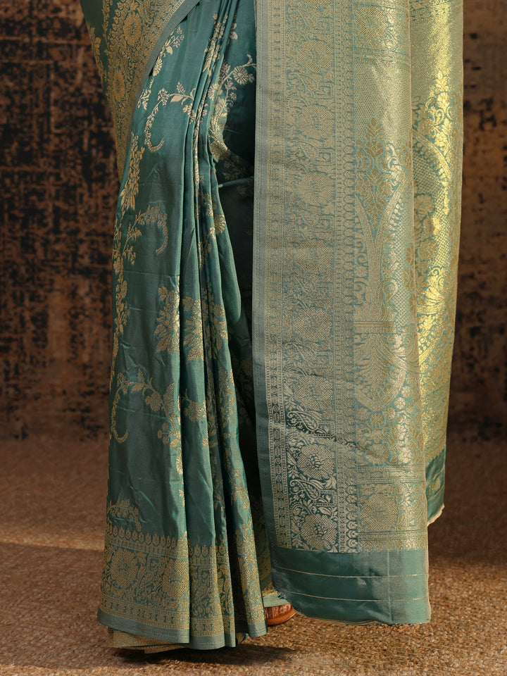 Green Floral Woven Design Silk Blend Saree With Unstitched Blouse Piece