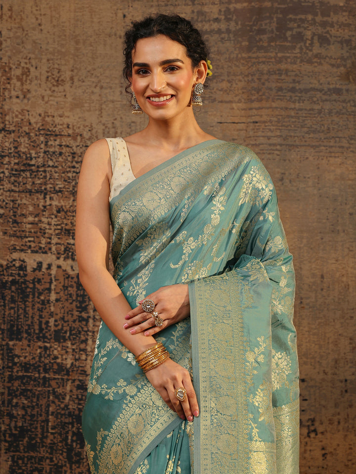 Green Floral Woven Design Silk Blend Saree With Unstitched Blouse Piece