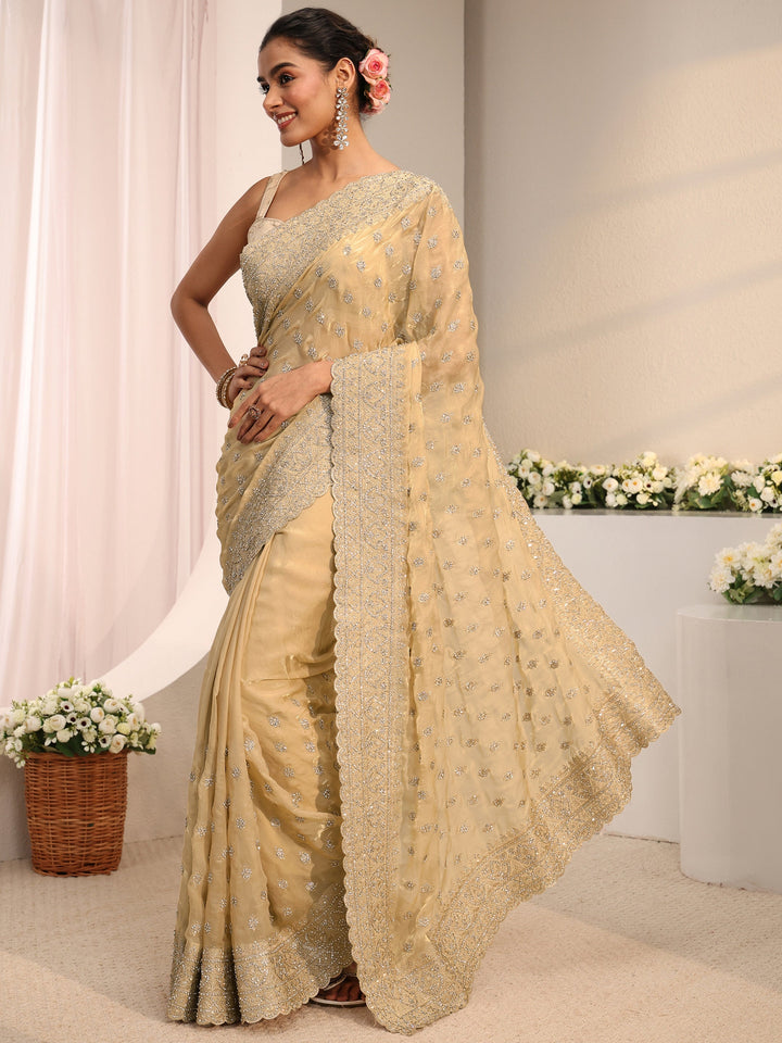 Libas Art Beige Embellished Tissue Saree With Unstitched Blouse Piece