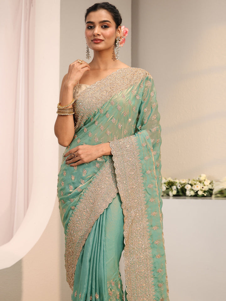 Libas Art Sea Green Embellished Tissue Saree With Unstitched Blouse Piece