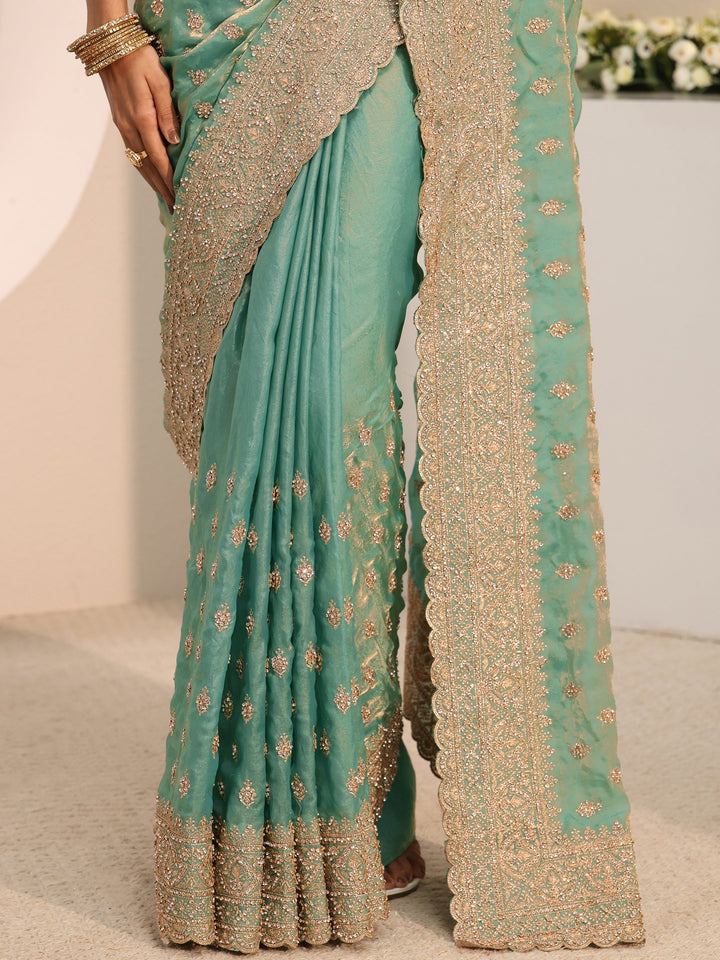Libas Art Sea Green Embellished Tissue Saree With Unstitched Blouse Piece