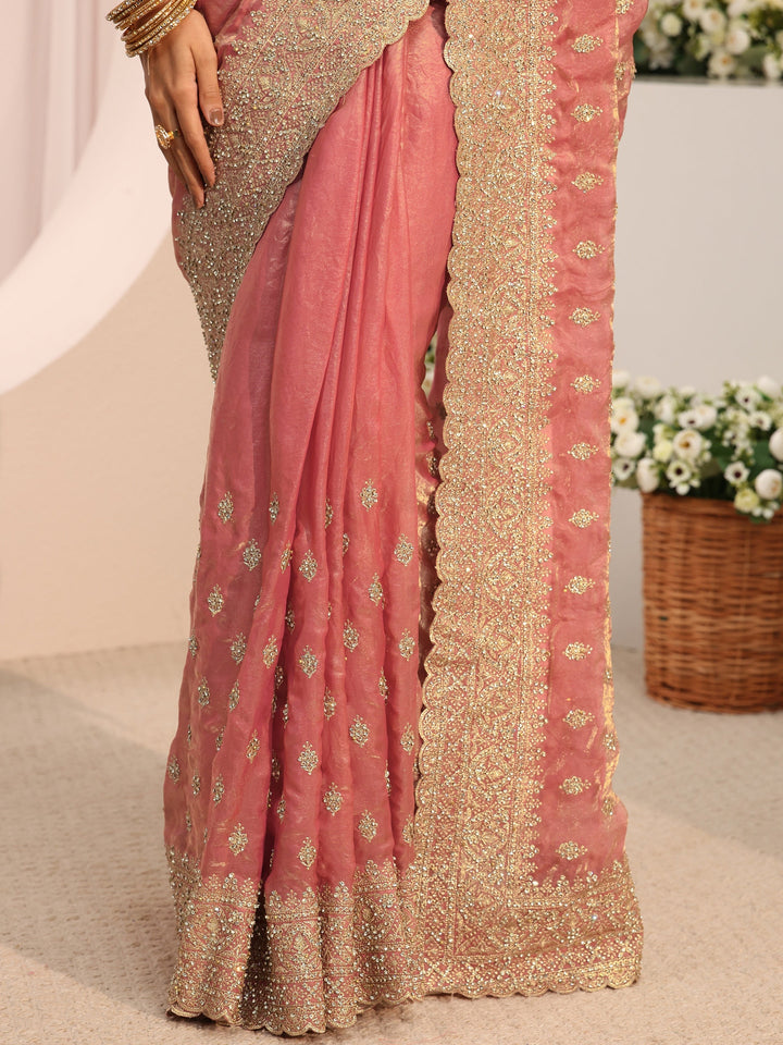 Libas Art Peach Embellished Tissue Saree With Unstitched Blouse Piece