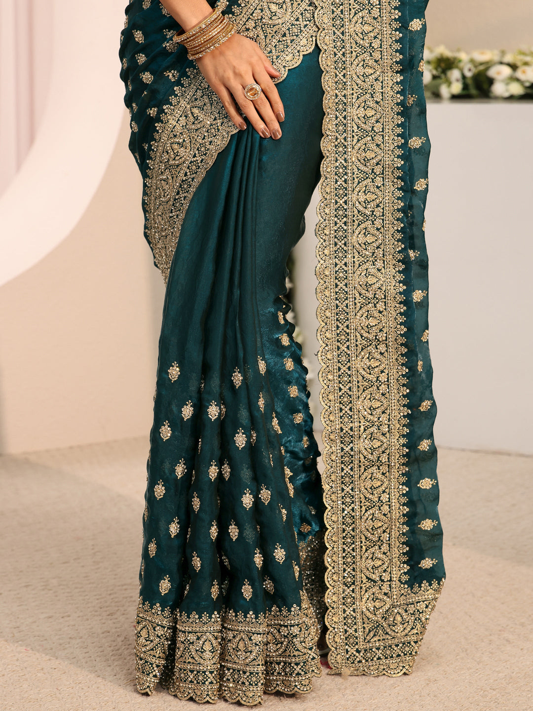 Libas Art Navy Blue Embellished Tissue Saree With Unstitched Blouse Piece