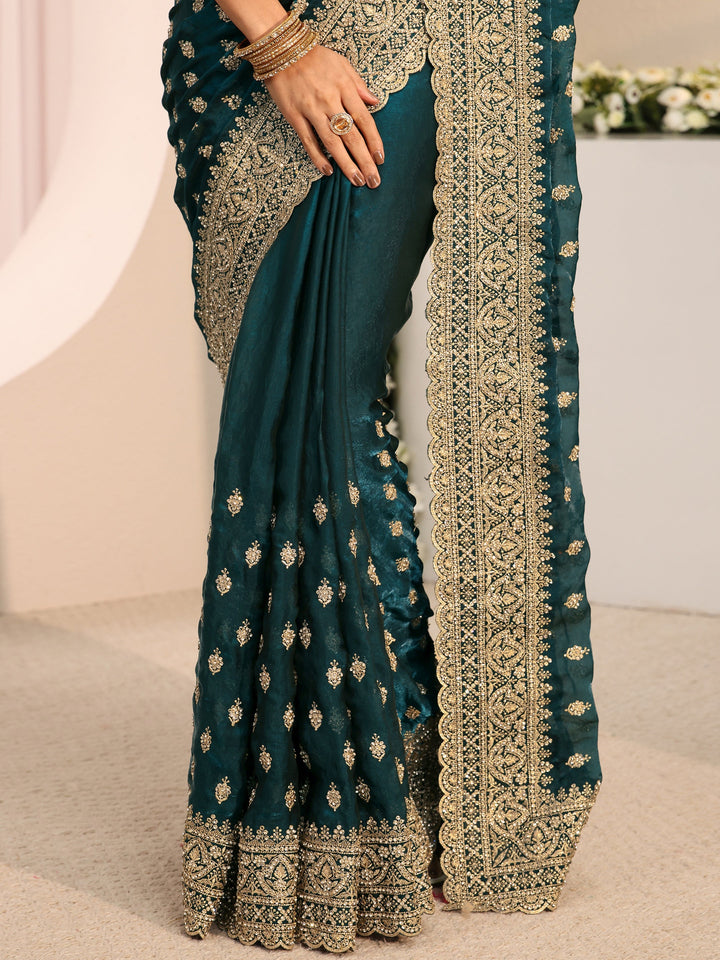 Libas Art Navy Blue Embellished Tissue Saree With Unstitched Blouse Piece