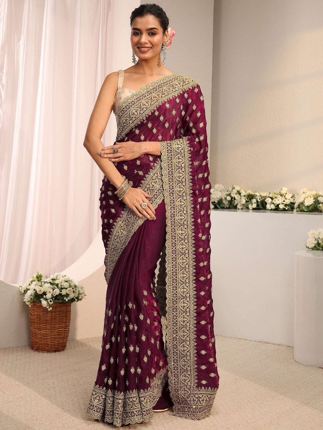 Libas Art Maroon Embellished Tissue Saree With Unstitched Blouse Piece