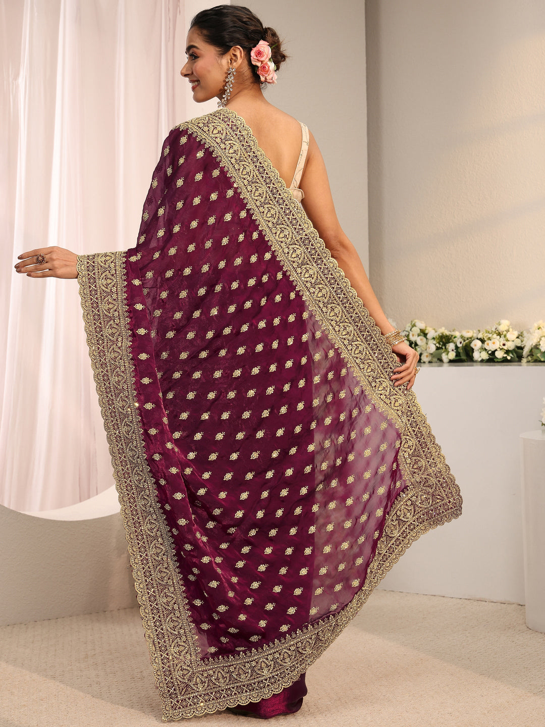 Libas Art Maroon Embellished Tissue Saree With Unstitched Blouse Piece