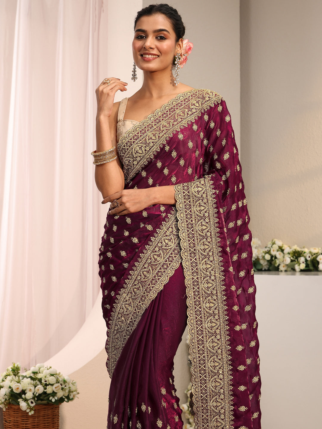 Libas Art Maroon Embellished Tissue Saree With Unstitched Blouse Piece