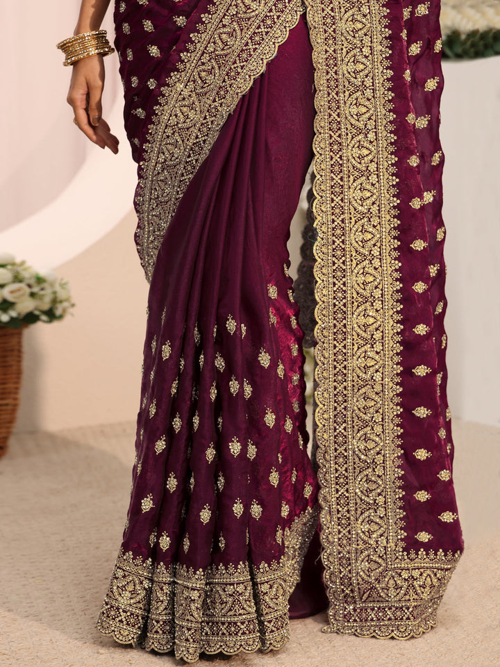 Libas Art Maroon Embellished Tissue Saree With Unstitched Blouse Piece
