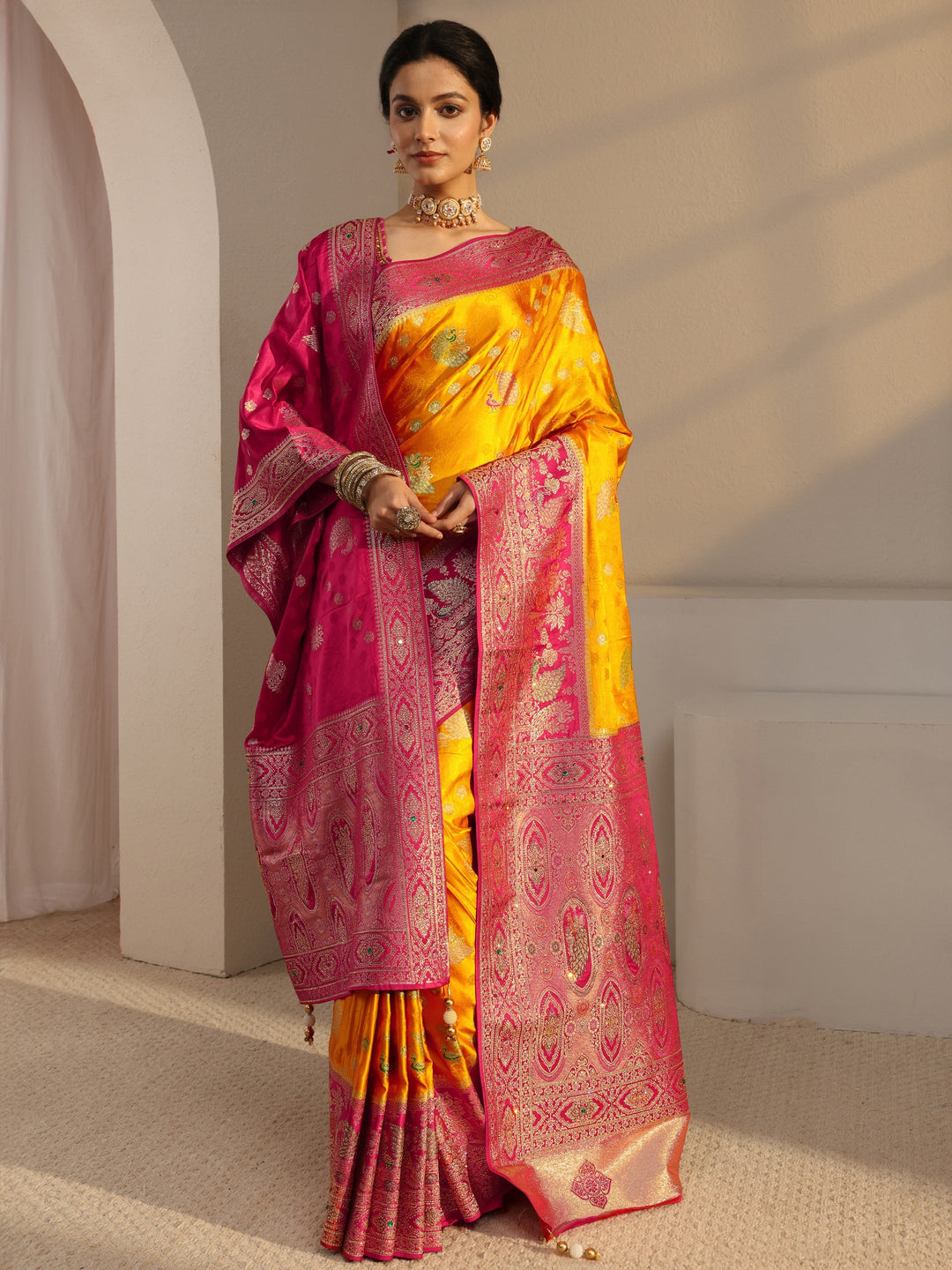 Libas Art Mustard Banarasi Satin Saree With Unstiched Blouse Piece And Dupatta