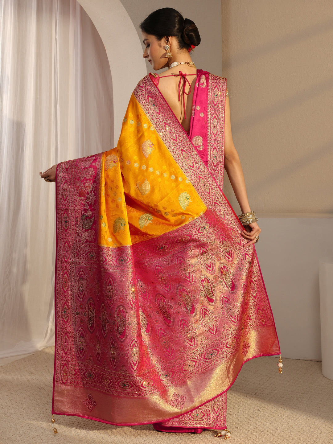 Libas Art Mustard Banarasi Satin Saree With Unstiched Blouse Piece And Dupatta