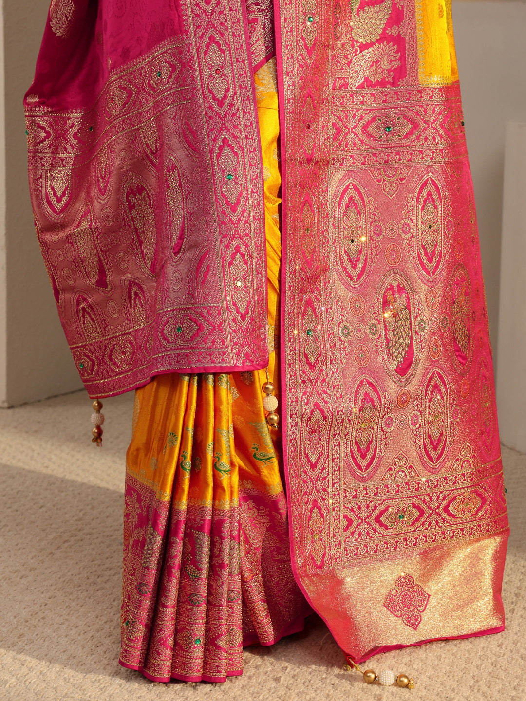 Libas Art Mustard Banarasi Satin Saree With Unstiched Blouse Piece And Dupatta