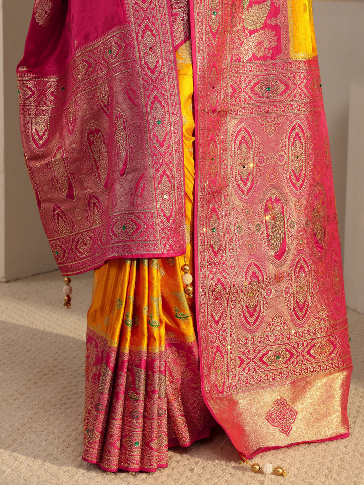 Libas Art Mustard Banarasi Satin Saree With Unstiched Blouse Piece And Dupatta
