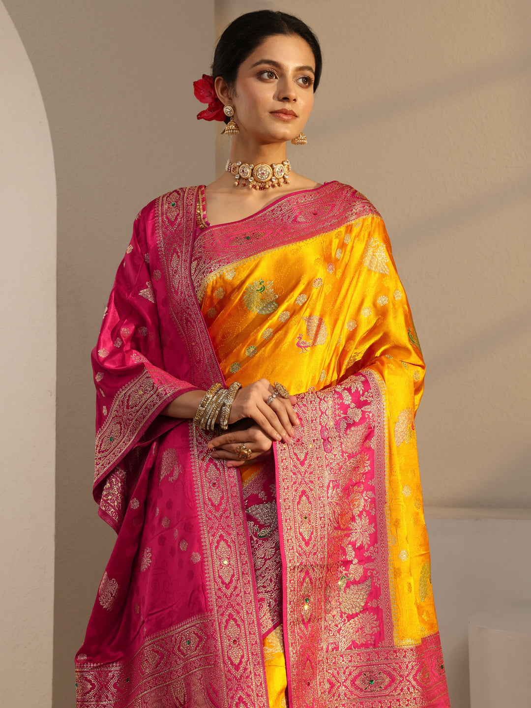 Libas Art Mustard Banarasi Satin Saree With Unstiched Blouse Piece And Dupatta