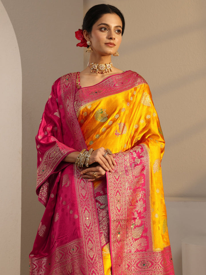 Libas Art Mustard Banarasi Satin Saree With Unstiched Blouse Piece And Dupatta
