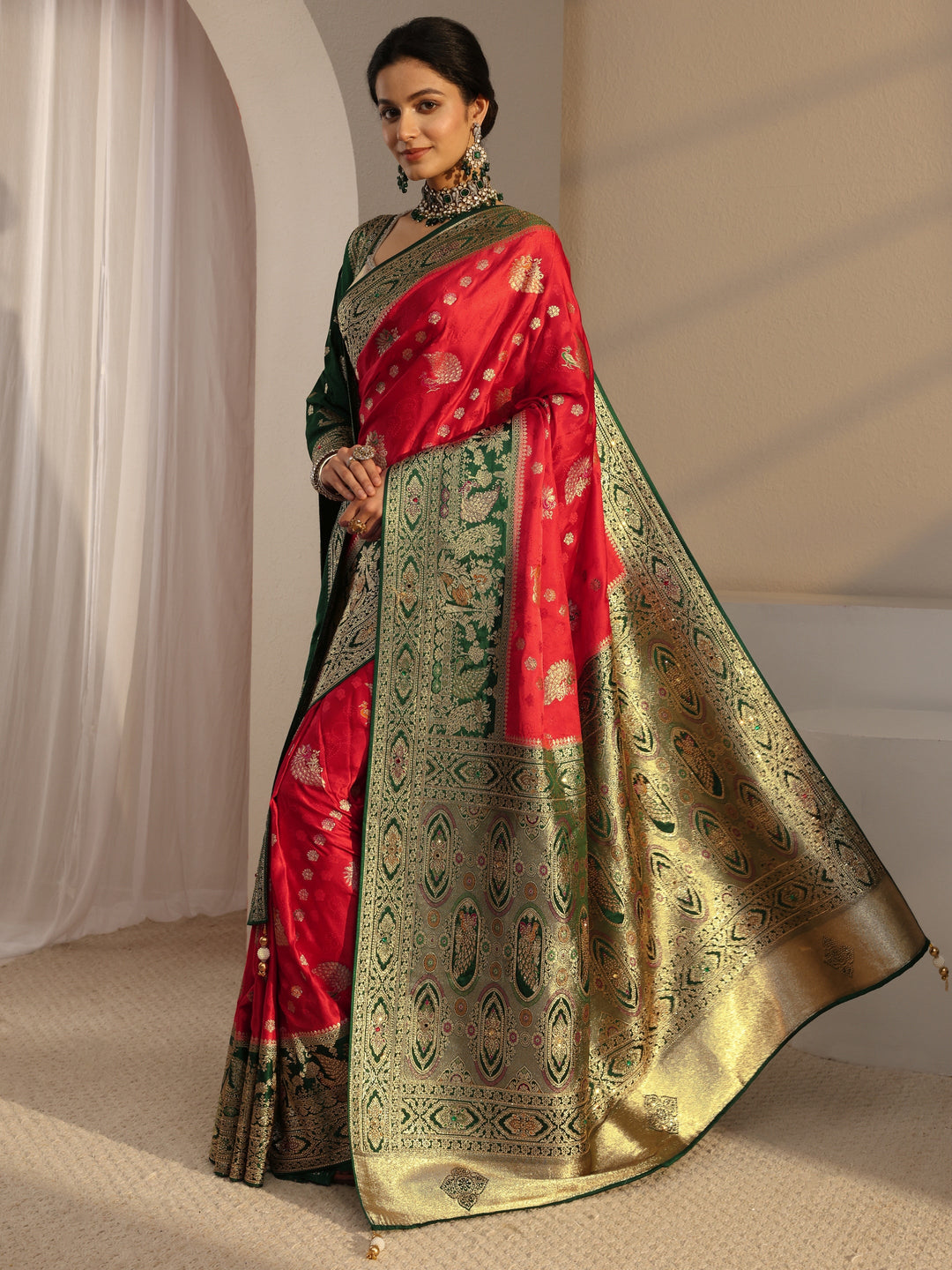 Libas Art Red Banarasi Satin Saree With Unstiched Blouse Piece And Dupatta