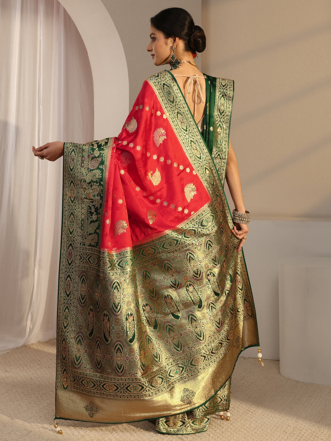Libas Art Red Banarasi Satin Saree With Unstiched Blouse Piece And Dupatta