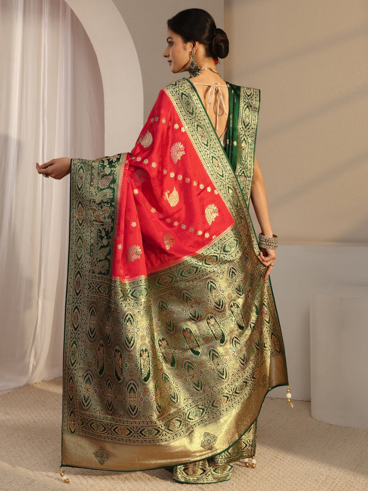 Libas Art Red Banarasi Satin Saree With Unstiched Blouse Piece And Dupatta