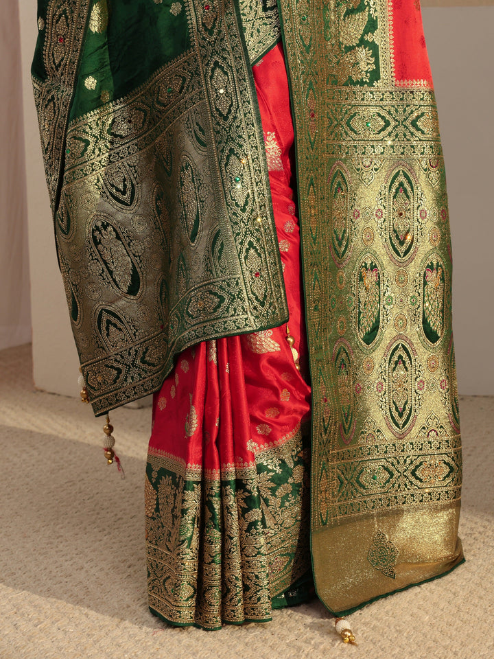 Libas Art Red Banarasi Satin Saree With Unstiched Blouse Piece And Dupatta