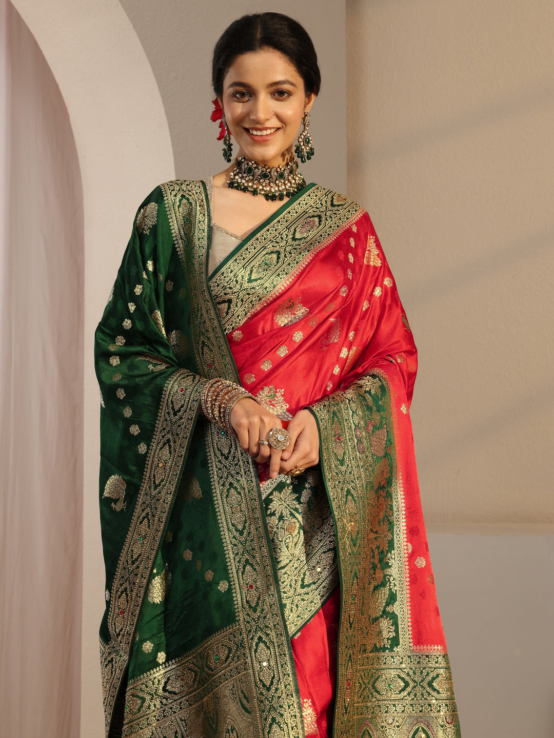 Libas Art Red Banarasi Satin Saree With Unstiched Blouse Piece And Dupatta