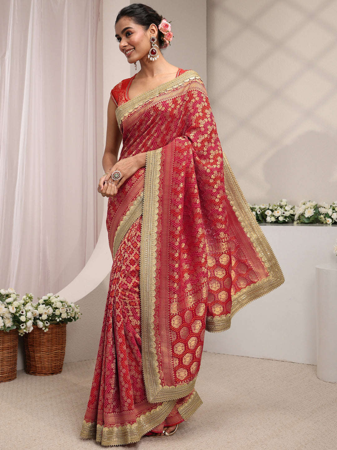 Libas Art Red Woven Design Satin Saree With Unstitched Blouse Piece