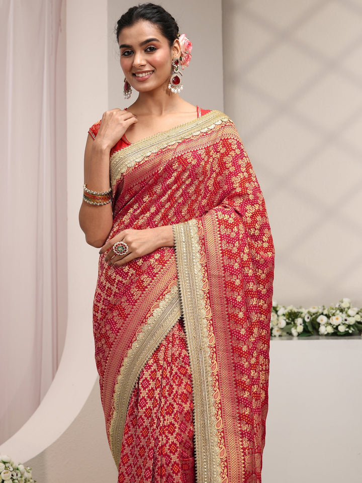 Libas Art Red Woven Design Satin Saree With Unstitched Blouse Piece