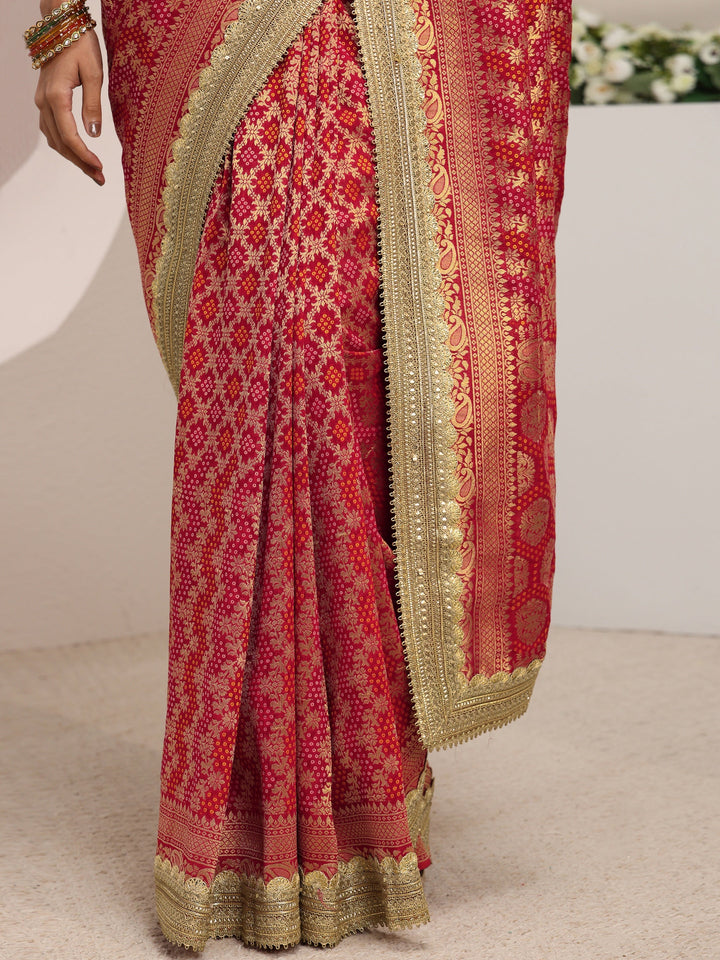 Libas Art Red Woven Design Satin Saree With Unstitched Blouse Piece