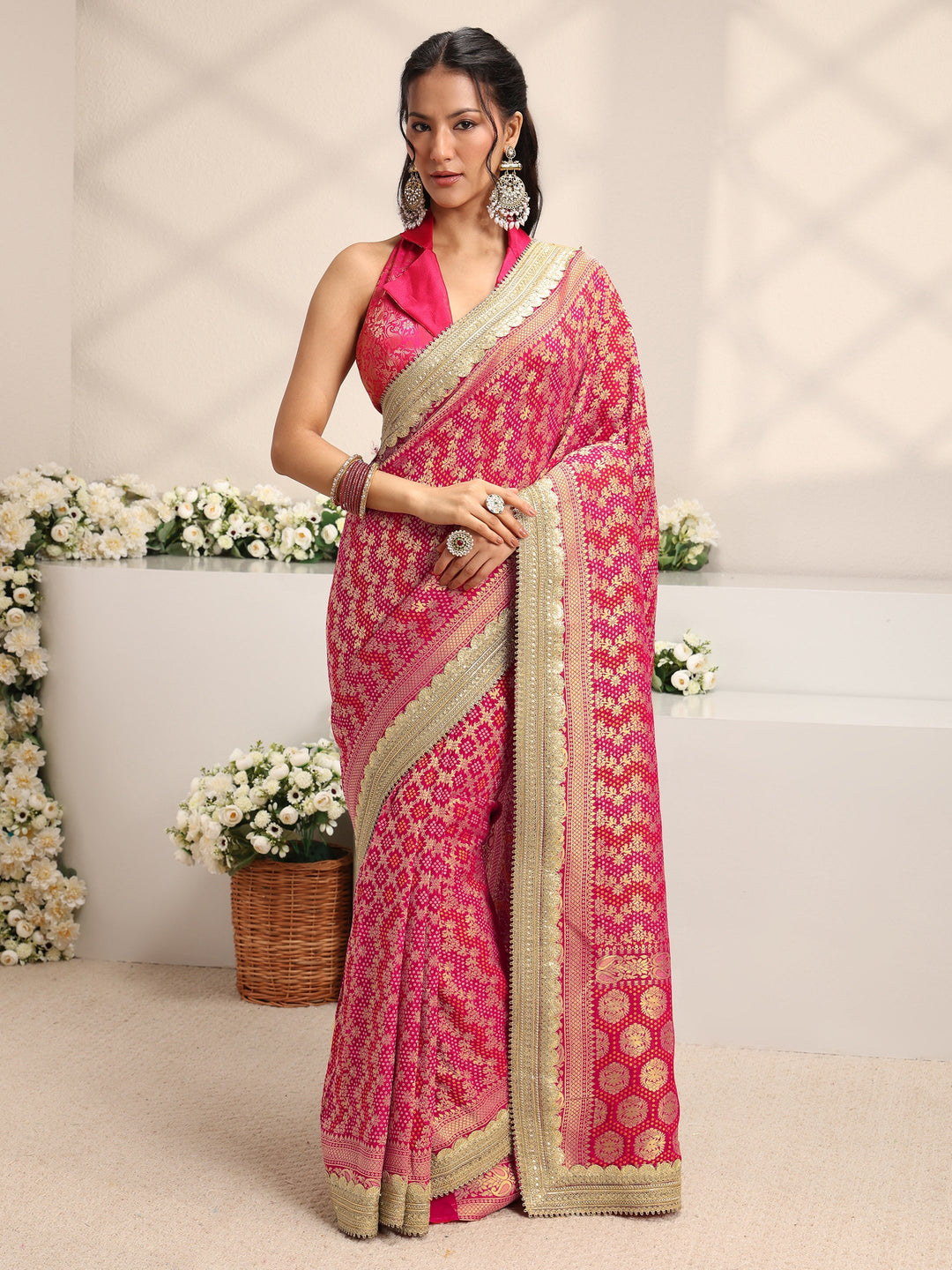 Libas Art Pink Woven Design Satin Saree With Unstitched Blouse Piece