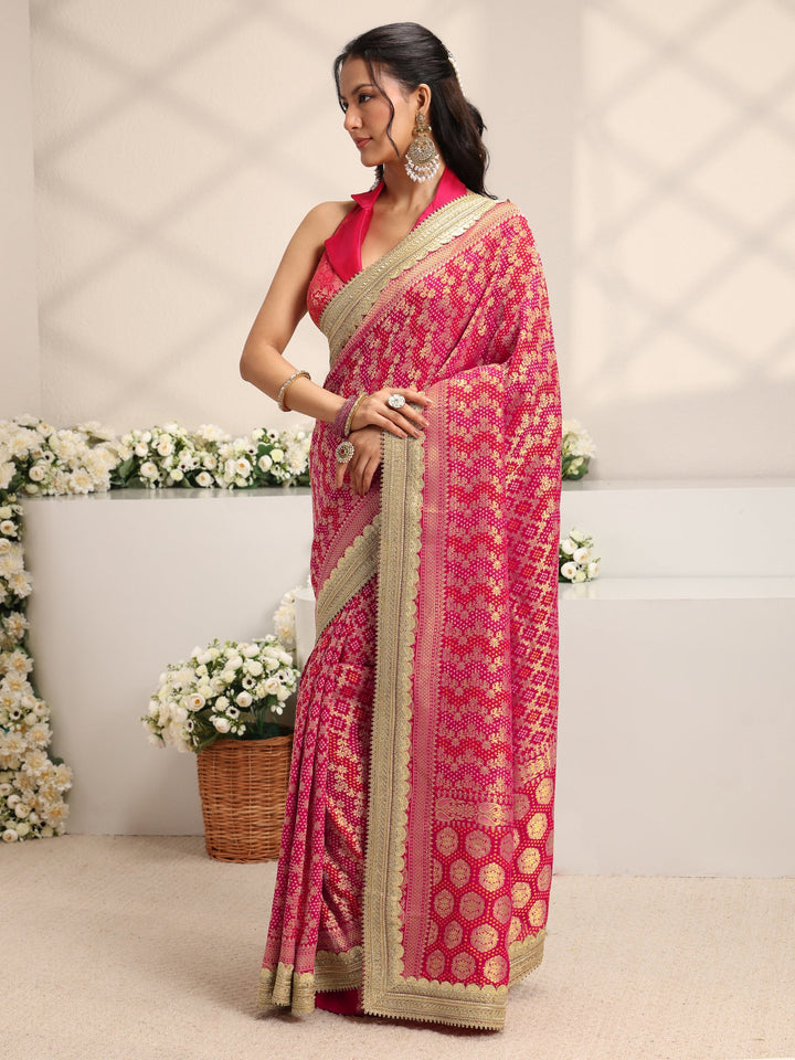 Libas Art Pink Woven Design Satin Saree With Unstitched Blouse Piece
