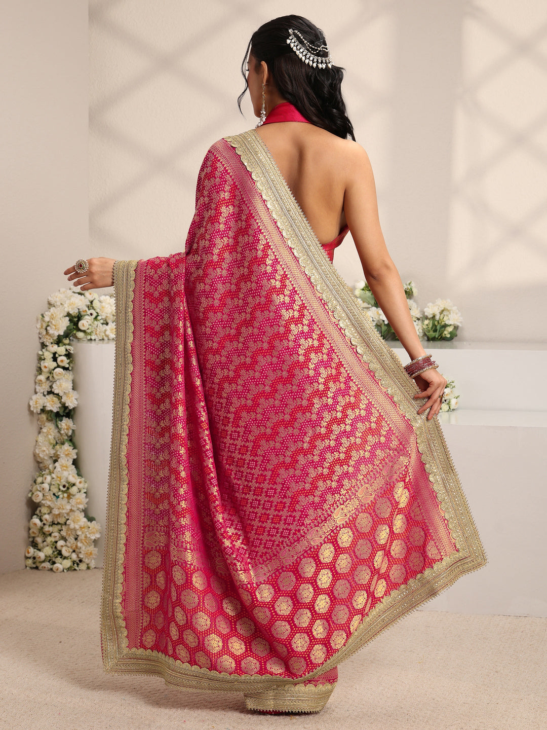 Libas Art Pink Woven Design Satin Saree With Unstitched Blouse Piece