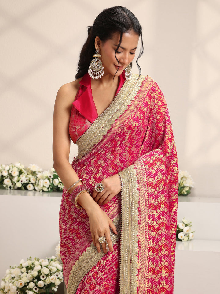 Libas Art Pink Woven Design Satin Saree With Unstitched Blouse Piece