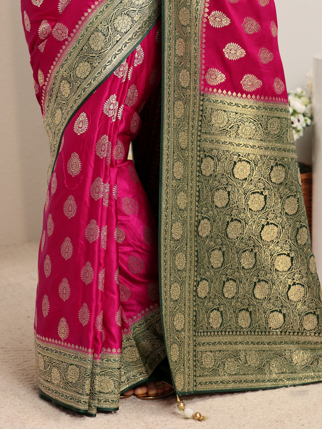 Libas Art Pink Ethnic Woven Design Satin Saree With Unstitched Blouse Piece