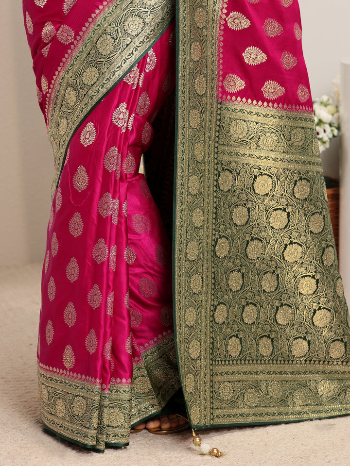 Libas Art Pink Ethnic Woven Design Satin Saree With Unstitched Blouse Piece