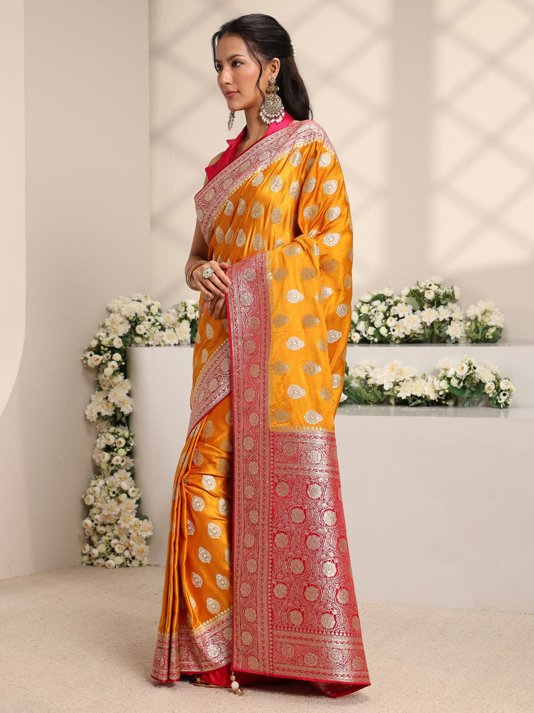 Libas Art Mustard Ethnic Woven Design Satin Saree With Unstitched Blouse Piece
