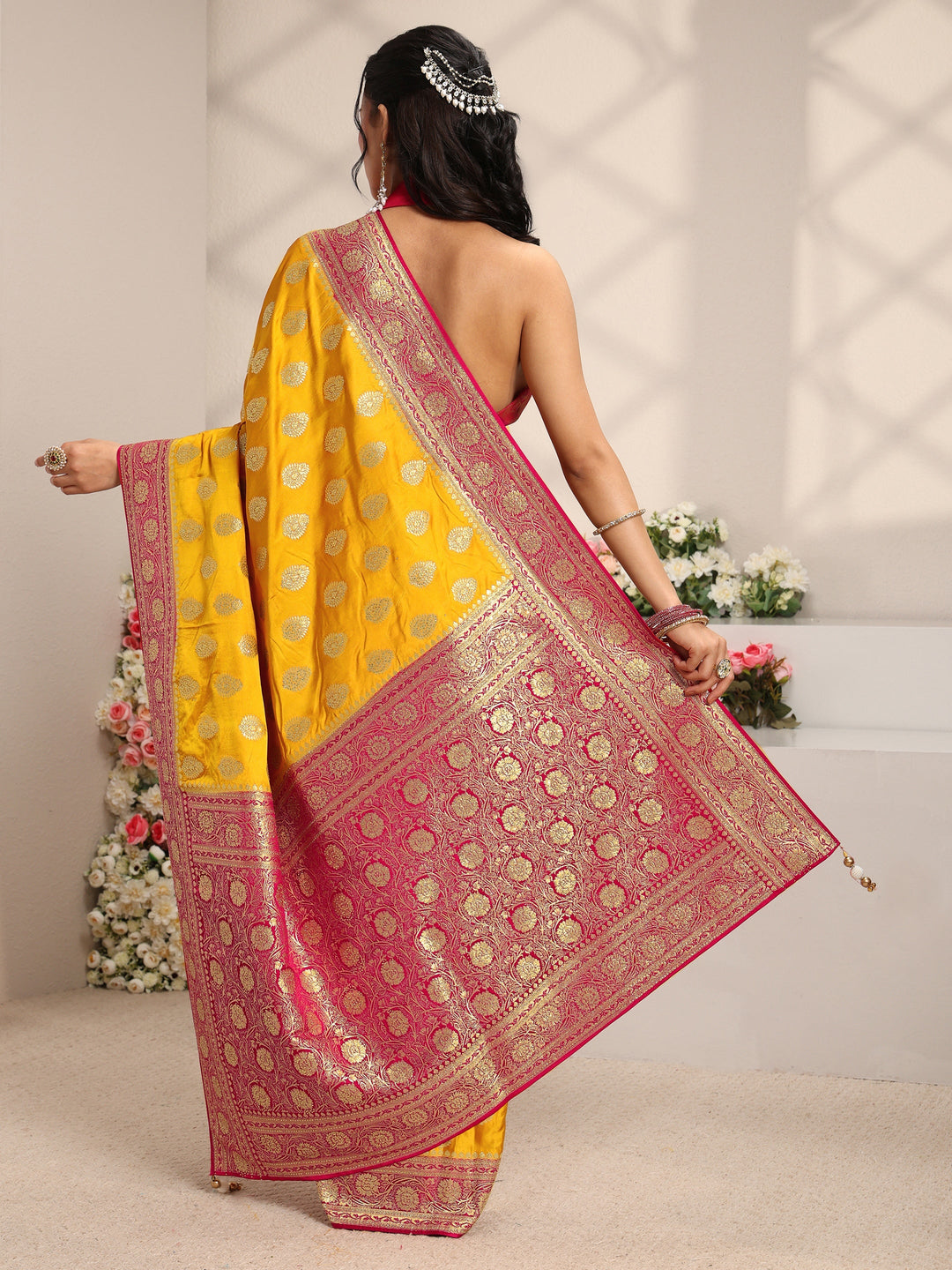 Libas Art Mustard Ethnic Woven Design Satin Saree With Unstitched Blouse Piece
